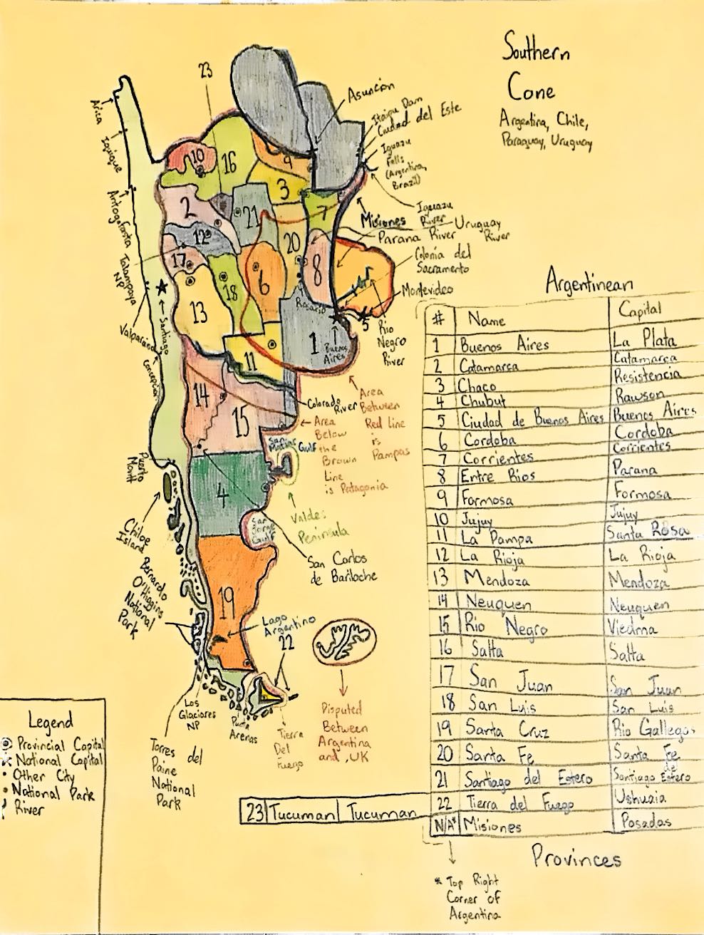 Hand-drawn map of the Southern Cone